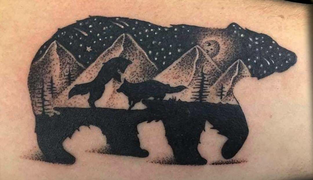 silhouette tattoo bear wolves space black work stars pyramids