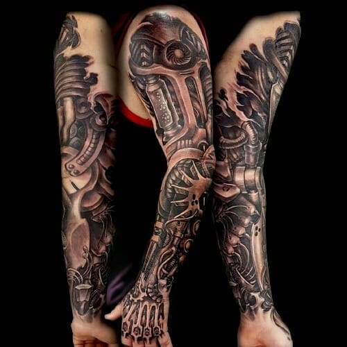 biomechanical tattoo full sleeve black and grey